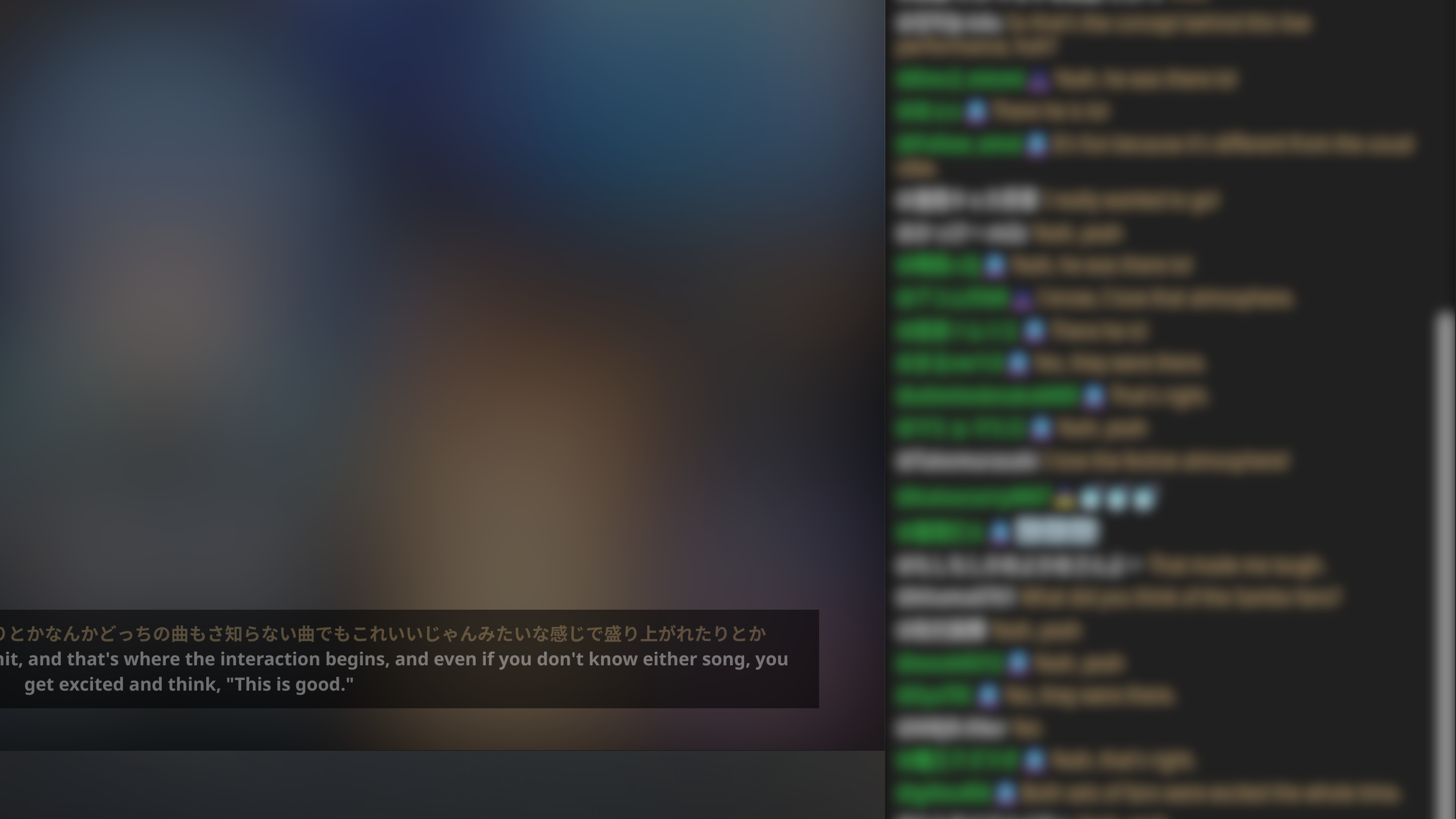 Blurred background with overlaid bilingual text discussing interaction and excitement about songs.